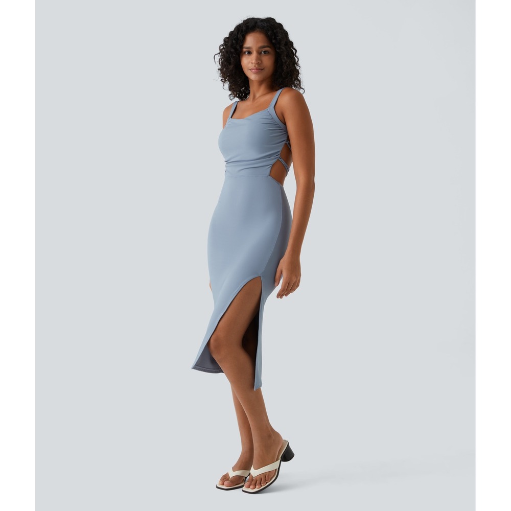Halara Ruched Lace Up Bodycon Midi Dress XS Blue NWT Side Slit Open Back